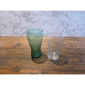 Coca-Cola Glass Set of 2 Georgia Green and Clear Embossed Logo Soda Tumblers 6in